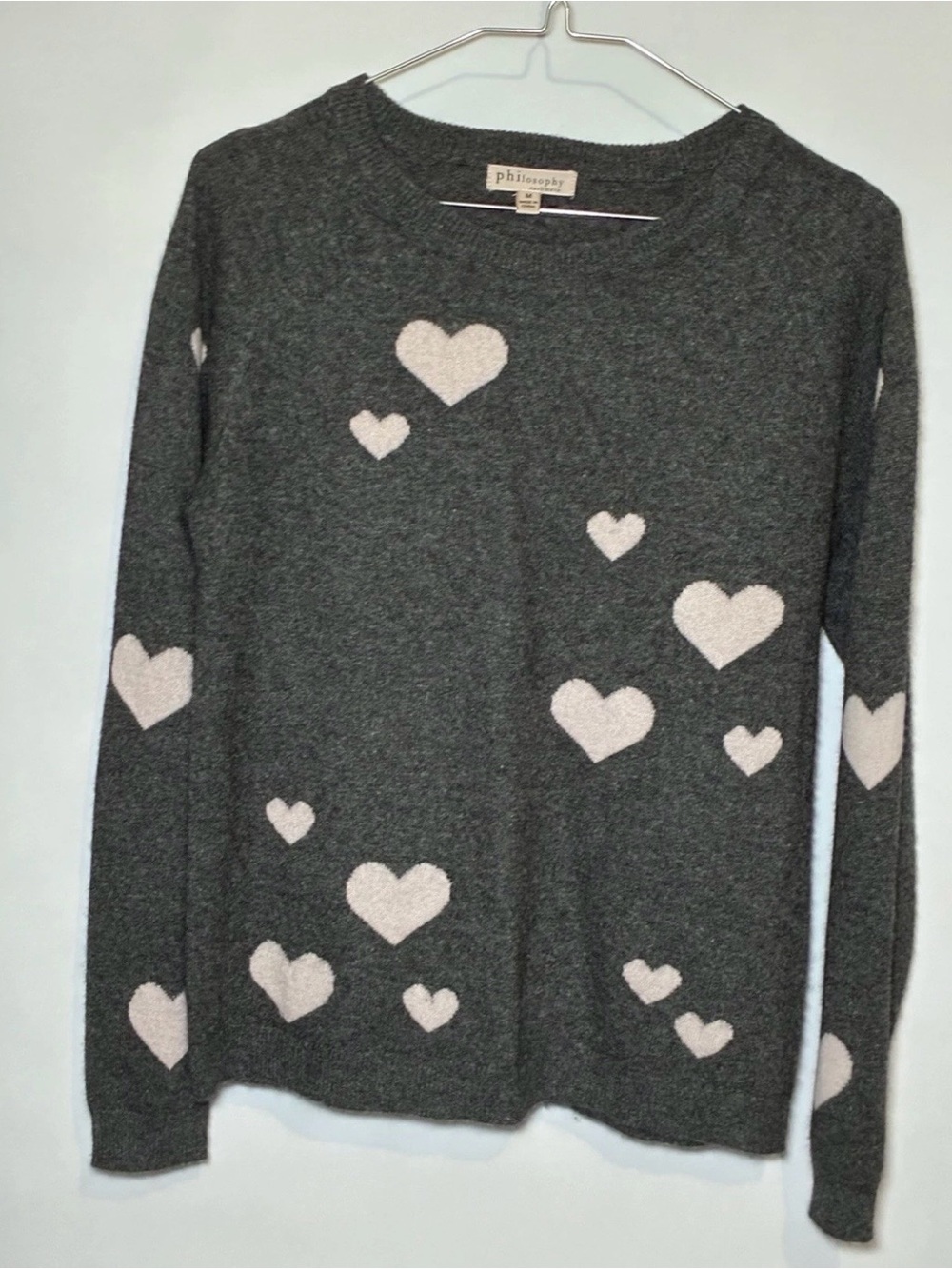 Philosophy Dark Gray Crewneck Sweater with Cream Heart Motif